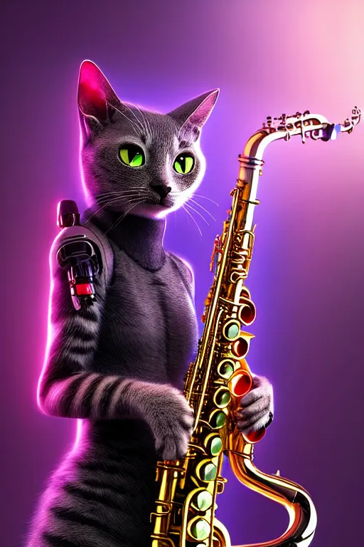 Prompt: high quality 3 d render very cute cyborg cat plays saxophone, cyberpunk highly detailed, unreal engine cinematic smooth, in the style of blade runner & pixar, hannah yata charlie immer, moody light, low angle, uhd 8 k, sharp focus