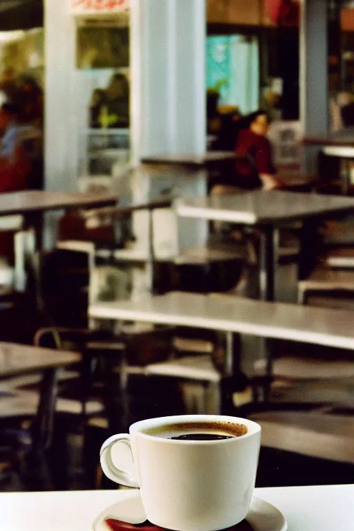 Prompt: a cup of coffee sitting on top of a white table diner booth, high angle, a hyperrealistic photo by IAN SPRIGGS, flickr, conceptual art, photo taken with ektachrome, photo taken with provia, kodak portrait