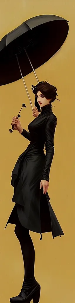 Image similar to A very tall, slender woman wearing black puffy clothes and holding a yellow umbrella, sharp focus, intricate, elegant, digital painting, artstation, matte, highly detailed, concept art, illustration, ambient lighting, art by artgerm, Alphonse mucha, and Greg Rutkowski