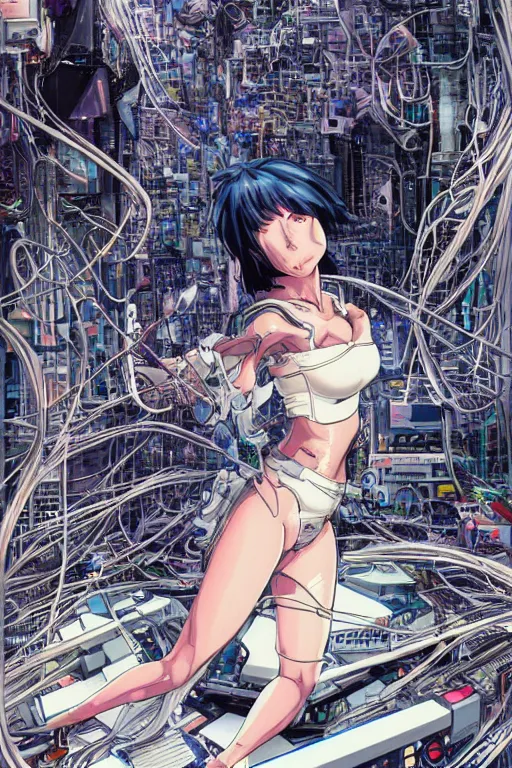 Image similar to coherent motoko kusanagi kneeling on a white in style of masamune shirow, empty floor, with a mess of wires and cables coming out of her head and backside, by Yukito Kishiro and katsuhiro otomo, illustration, cyberpunk, hyper-detailed, colorful, complex, intricate, masterpiece, epic