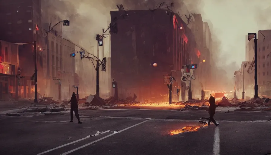 Image similar to bearded man crossing streets of destroyed washington dc city, evening, blackout, fire in barrels, food storage, hyperdetailed, artstation, cgsociety, 8 k