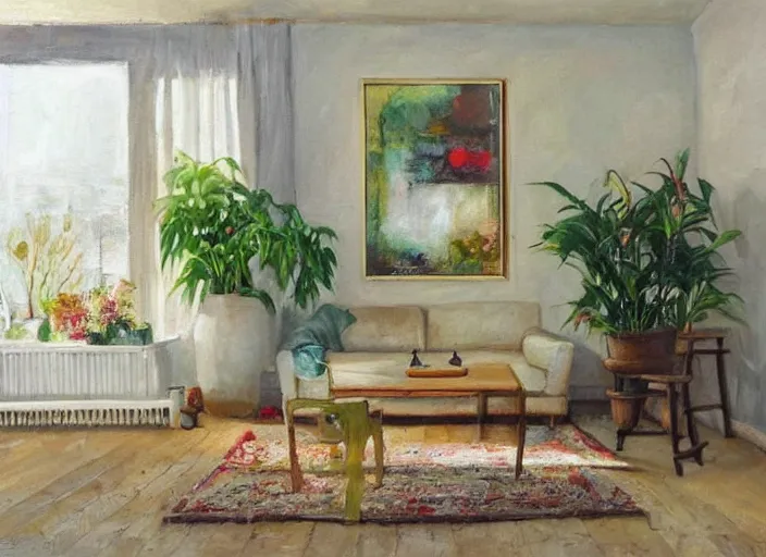 Prompt: a warm painting of a room interior, calm, relaxing, cosy, warm light, warm color scheme, houseplants, fresh flowers, oil on canvas