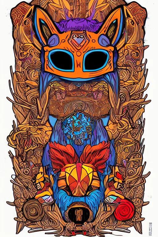 Image similar to animal mask totem roots flower tribal feather gemstone plant wood rock shaman vodoo video game vector cutout illustration vivid multicolor borderlands comics by josan gonzales and dan mumford radiating a glowing aura