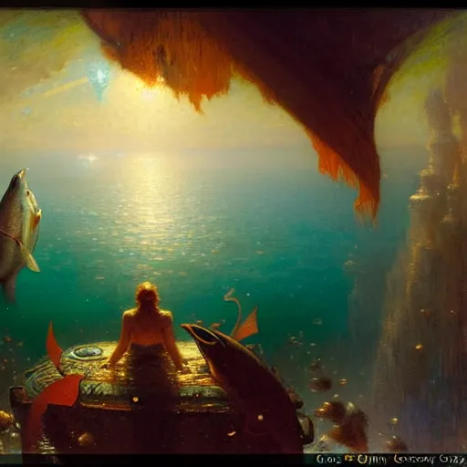 Image similar to point of view of deep in the ocean looking up, you see fishes, higher the milk way, night time, midnight. highly detailed painting by gaston bussiere, greg rutkowski 8 k