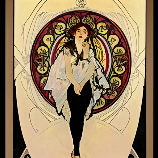 Prompt: goth girl with a wry grin, alphonse mucha, willam morris background.