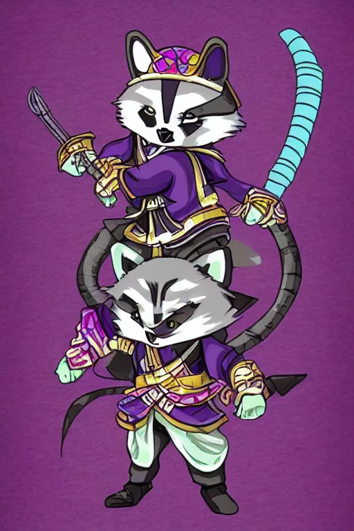 Image similar to purple samurai raccoon in the style of Yoshitaka Amano