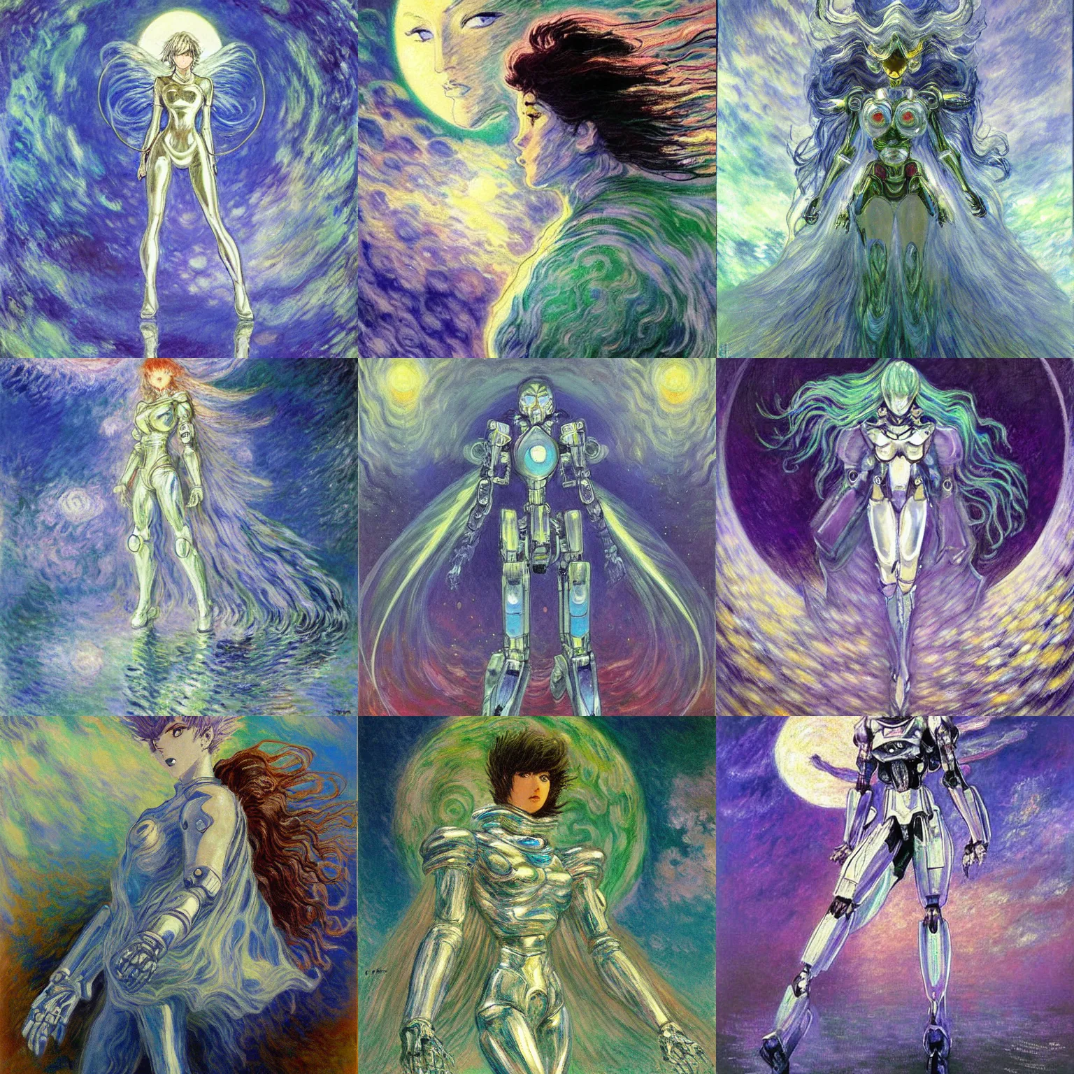 Prompt: masumune shirow shiny metallic fleshy mecha with cape, ethereal angelic being of light, gloomy face, crystalline translucent hair, sky with swirling clouds, shining crescent moon, spiral heavens, pale pastel colours, beautiful painting by claude monet