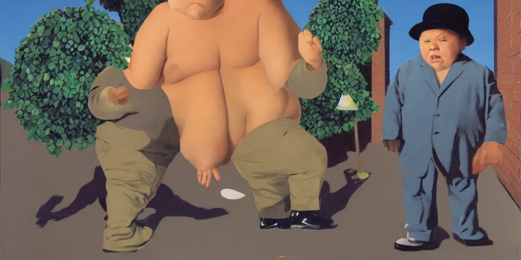 Image similar to Chunk doing the truffle shuffle in the style of Rene Magritte,