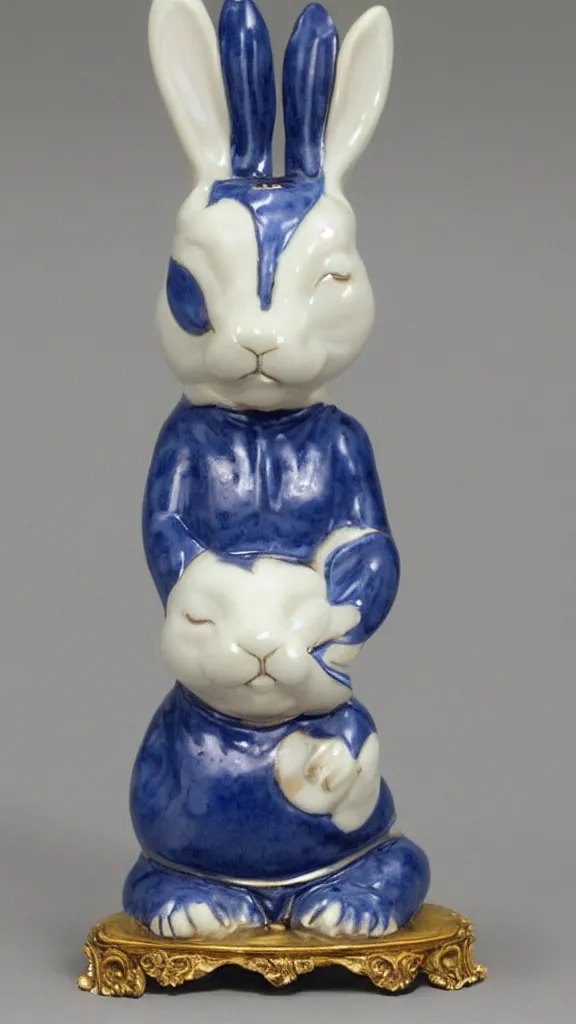 Prompt: porcelain rabbit head budda statue with blue arabesque details painted by john singer sargent