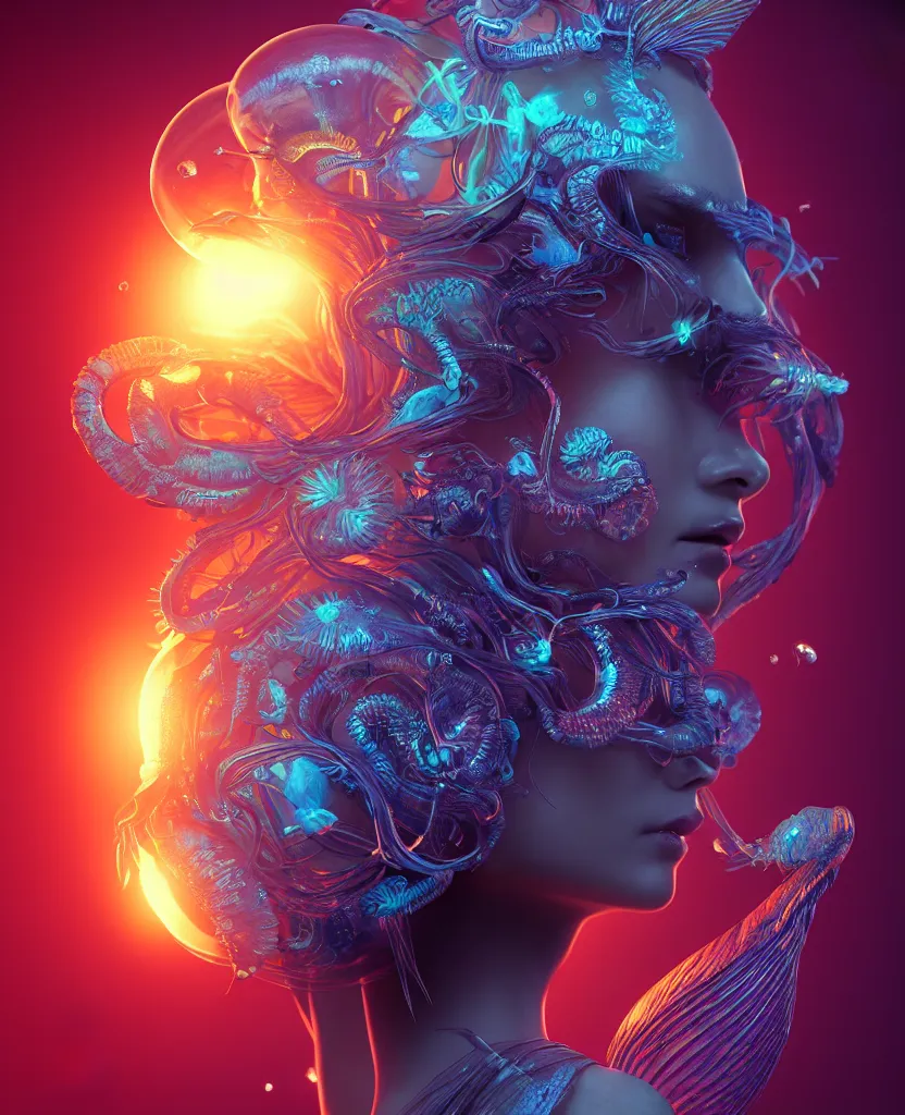 Prompt: goddess close-up portrait. jellyfish phoenix head, nautilus, orchid, skull, betta fish, bioluminiscent creatures, intricate artwork by Tooth Wu and wlop and beeple. octane render, trending on artstation, greg rutkowski very coherent symmetrical artwork. cinematic, hyper realism, high detail, octane render, 8k