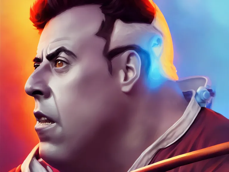 Image similar to portrait of jerry seinfeld from seinfeld as a fighter wielding a microphone weapon, rule of thirds, sky blue gradient, photorealistic facial features, league of legends splash art, by chengwei pan, huang guangjian, viktoria gavrilenko, artgerm, greg rutkowski, 8 k, octane, digital painting, artstation