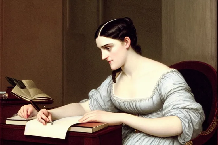 Image similar to 1 8 1 0 s katie mcgrath writing at her desk by vittorio reggianini, bright lighting, perfectly detailed eyes, beautiful hands, pale skin, clear face