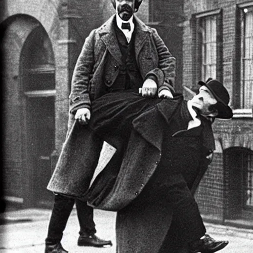 Prompt: Sherlock Holmes carrying Dr Watson on his back in the style of Sidney Paget