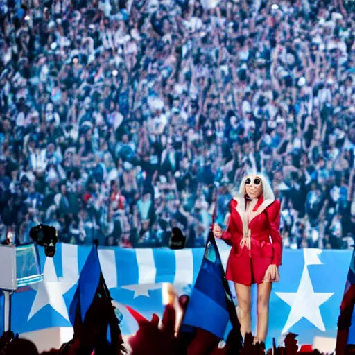 Image similar to Lady Gaga as president, Argentina presidential rally, Argentine flags behind, bokeh, giving a speech, detailed face, Argentina