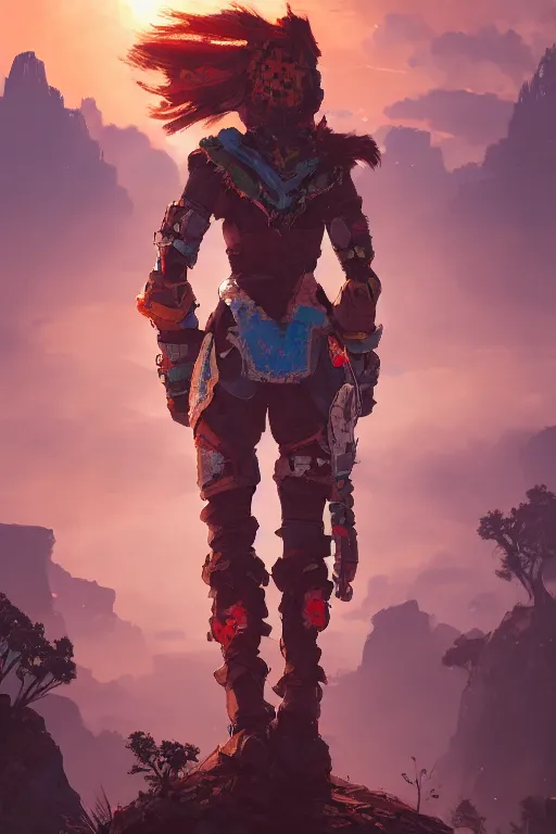 Image similar to combination suit armor aloy horizon forbidden west horizon zero dawn radiating a glowing aura global illumination ray tracing hdr fanart arstation by ian pesty and alena aenami artworks in 4 k tribal robot ninja mask helmet backpack