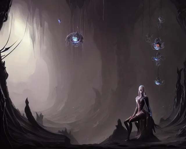 Prompt: a 4 k cinematic screenshot still portrait of a dark elf in a dark liminal space room surrounded by spider webs, deep focus, d & d, fantasy, intricate, elegant, highly detailed, digital painting, art station, concept art, matte, sharp focus, illustration, dark fantasy style art, hearthstone, art by artgerm and greg rutkowski and alphonse mucha