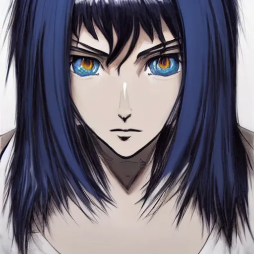 Image similar to « portrait, attractive, blue eyes, black hair, middle length hair, ghost in the shell, front view, kj, manga »