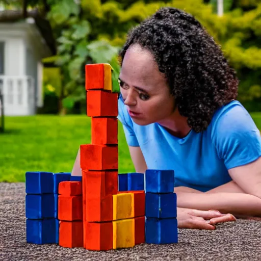 Prompt: cinematic photo of a beautiful dark blue skinned axolotl woman lit with saturated split colour yellow and red lighting playing giant jenga on the lawn