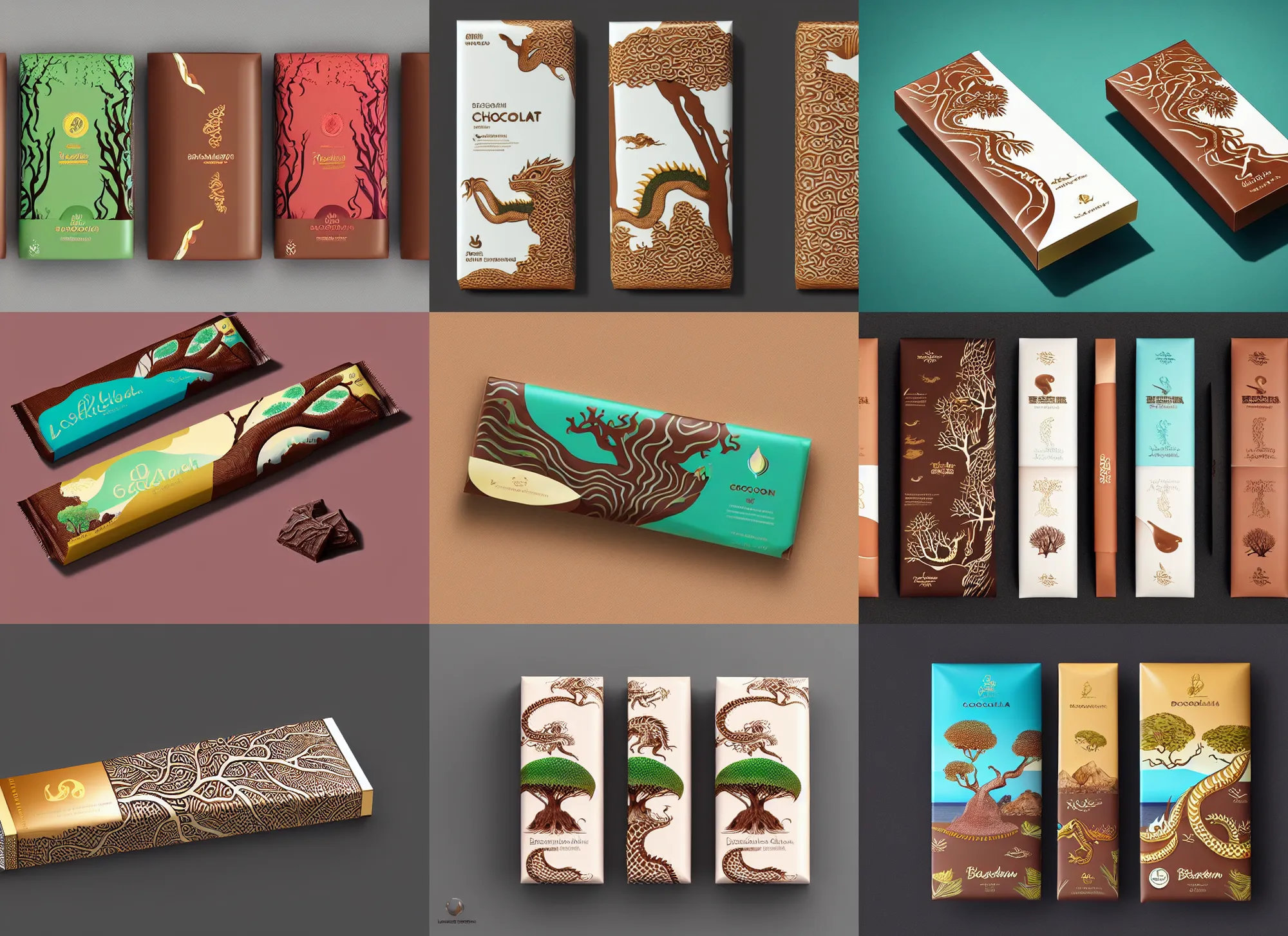 Prompt: conceptual designer chocolate bar packaging, inspired by lakshadweep and socotra island with dragon trees, label design, behance, pinterest, packaging of the world, award, front label, packaging design, octane render