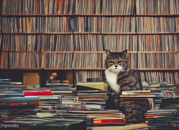 Image similar to photography of a Cat sitting on a pile of books and vinyls. a record player is in the shot. in a room full of vinyls and posters out of the 70's, photorealistic, raining award winning photo, 100mm, sharp, high res