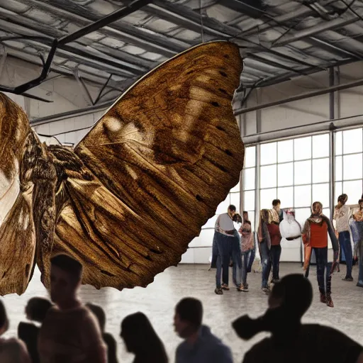 Image similar to a group of people gathered in a warehouse, worshipping a giant moth, highly detailed, 8 k, realistic,