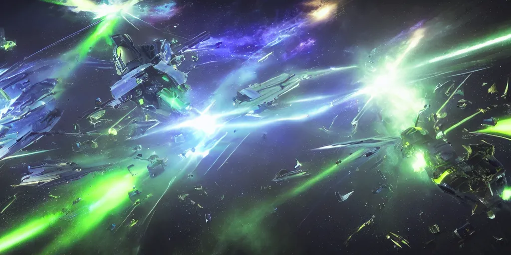 Prompt: A fight between capital combat spaceships, green and blue lasers, space nebula, white stars in the background, realistic 4k octane beautifully detailed render, 4k post-processing, highly detailed, intricate complexity, epic composition, magical atmosphere, cinematic lighting, masterpiece, ultra hd