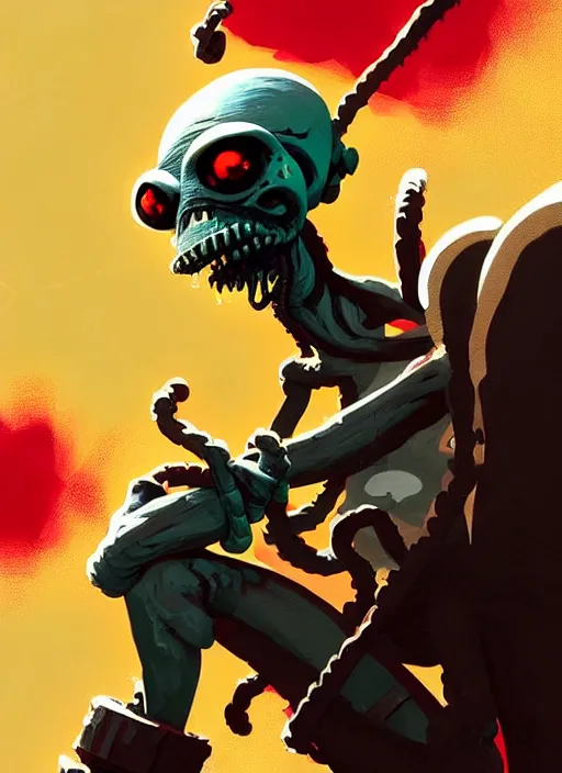 Image similar to highly detailed closeup of a character, from abe's oddworld, oddworld soulstorm video game by atey ghailan, by greg rutkowski, by greg tocchini, by james gilleard, by joe fenton, by kaethe butcher, gradient yellow, black, brown, red and white color scheme, grunge aesthetic!!! white graffiti tag wall background