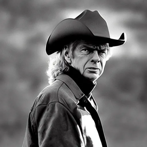 Prompt: Arsene Wenger as a Cowboy, epic quality, sharp focus, western, movie still, 8k, yellow tint, dramatic,