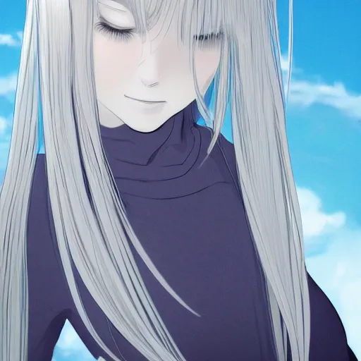 Image similar to young woman with long wavy ashen silver hair, with blackness instead of eyes, anime