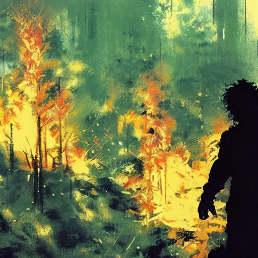 Prompt: a forest on fire, yoji shinkawa