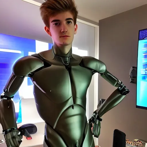 Image similar to “a realistic detailed photo of a guy who is an attractive humanoid who is half robot and half humanoid, who is a male android, twitch streamer Ninja Tyler Blevins, shiny skin, posing like a statue, blank stare, gaming room, close up”