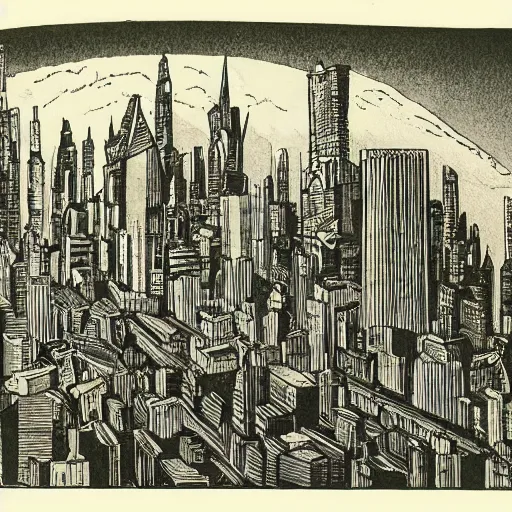 Image similar to futuristic cityscape by Maurice Sendak