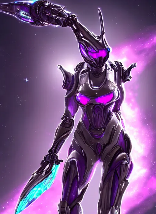 Image similar to detailed cinematic shot, cosmic sized perfectly proportioned stunning beautiful hot female warframe, detailed cyborg mecha female dragon head, metal ears purple eyes, silver armor, fuschia leds, floating in empty space, nebula sized, holding a planet, epic proportions, epic size, epic scale, furry art, dragon art, giantess art, warframe fanart, furaffinity, deviantart