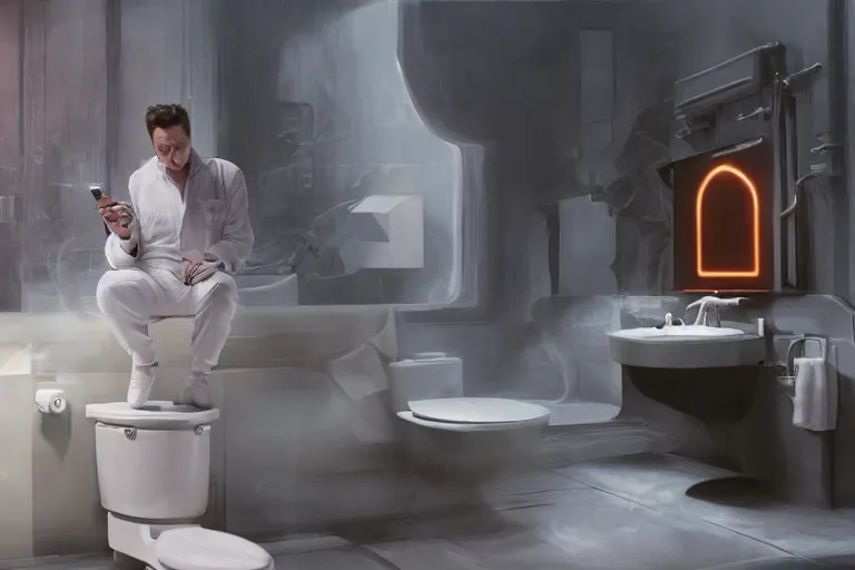 Prompt: hyperrealism aesthetic ridley scott and denis villeneuve style photography of a detailed hyperrealism elon musk, siting on a detailed hyperrealism toilet and scrolling his detailed smartphone in hyperrealism scene from detailed art house movie in style of alejandro jodorowsky and wes anderson volumetric ambient light
