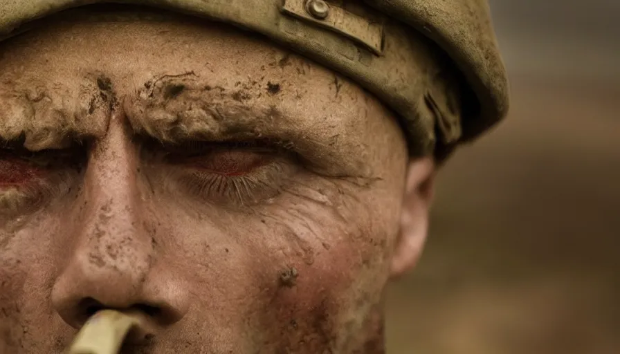 Image similar to World War 1 soldier screaming in anguish, close-up of face, wartorn landscape, dirty lens, shallow depth of field, cinematic lighting, IMAX, cinematography by Roger Deakins, 35mm