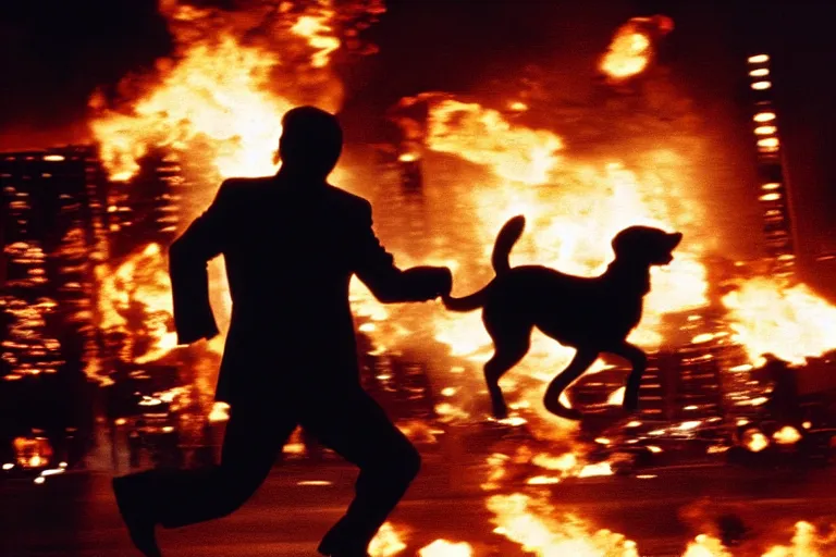 Image similar to cinematography action movie closeup portrait of a Japanese business man carrying his dog running from an explosion in Tokyo by Michael Bay