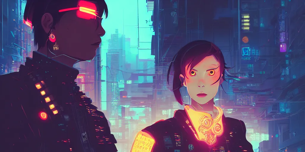 Image similar to digital illustration closeup portrait of cyberpunk samurai in city street at night by makoto shinkai, ilya kuvshinov, lois van baarle, rossdraws, basquiat | afrofuturism, in the style of hearthstone, trending on artstation | cool color scheme