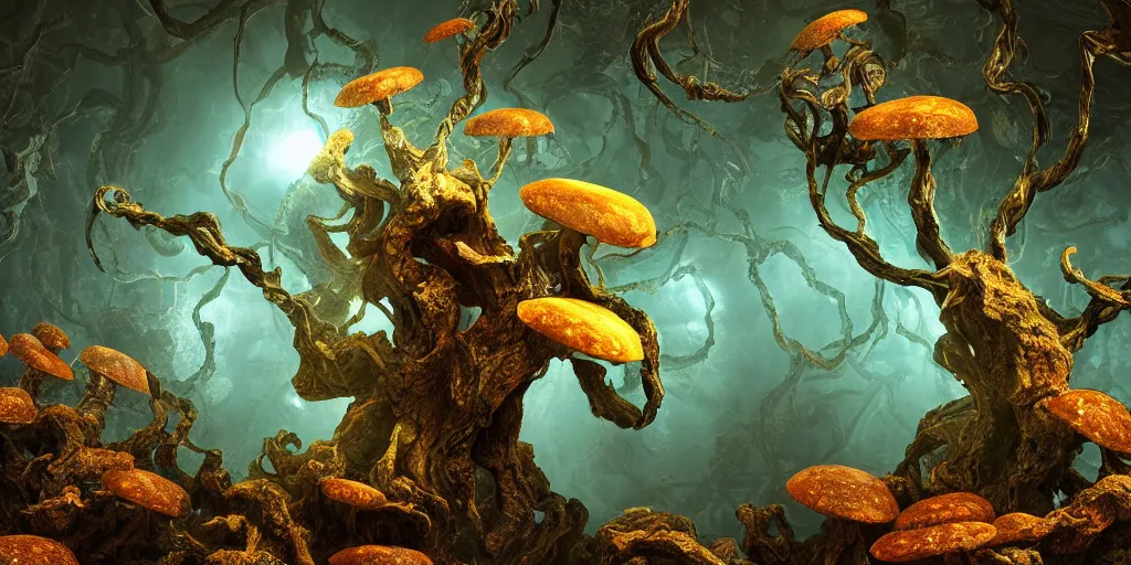 Prompt: Photorealistic symmetrical intricate detailed picture of a levitating floating fungus spirit with arms outstretched, made from colourful fungus tendrils. a gentle rising mist, an epic rocky landscape. occult photorealism, UHD, amazing depth, glowing, golden ratio, 3D octane cycle unreal engine 5, volumetric lighting, cinematic lighting, cgstation artstation concept art