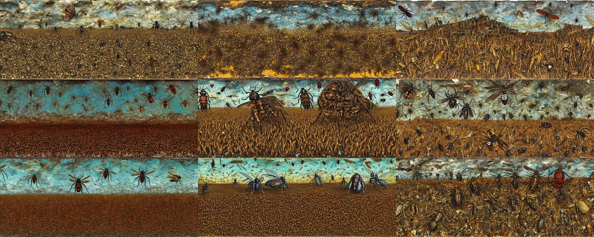 Image similar to strange giant insects, beetles and flies, swarming in a cornfield, oil painting by max ernst and anselm kiefer, decay, mixed media, textured, sharp focus, highly detailed, photographic emulsion cracked and peeling, rust, cinematic lighting, 8 k, hd