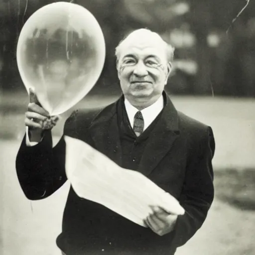 Prompt: man holding a balloon, newspaper photo