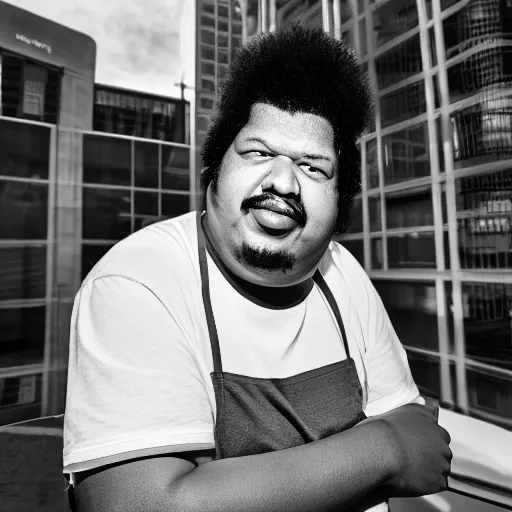 Image similar to wesley willis rock and roll mcdonalds, portrait, (Sony a7R IV, symmetric balance, polarizing filter, Photolab, Lightroom, 4K, Dolby Vision, Photography Award, black and white)