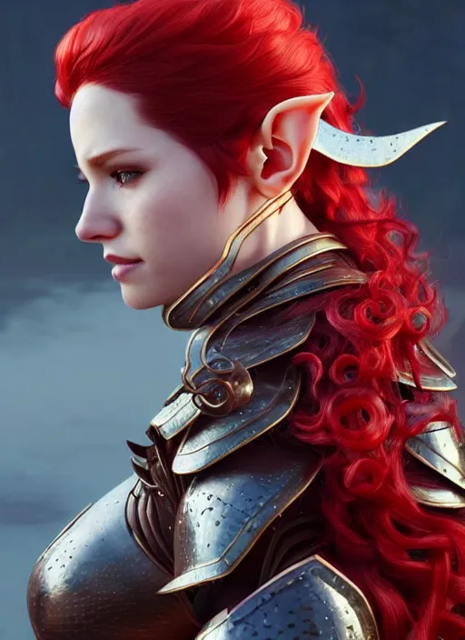 Image similar to leather armor!!! beautiful and elegant curly red hair female elf!! gorgeous ayes!! character concept art, sharp focus, octane render! unreal engine 5! highly rendered!! trending on artstation!! detailed linework!! illustration by artgerm, wlop, and chie yoshii