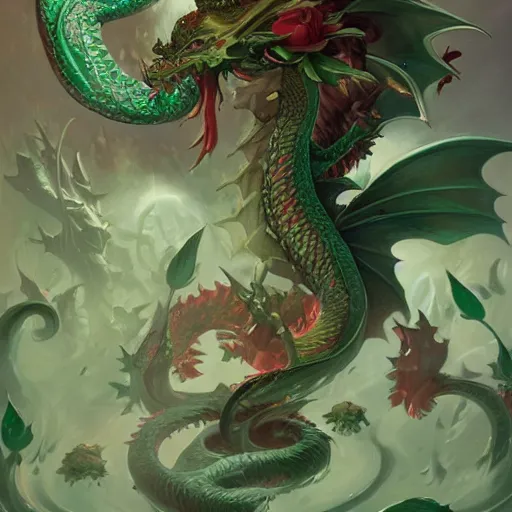 Image similar to green dragon surrounded by rosebuds, by peter mohrbacher, trending on artstation, intricate, elegant