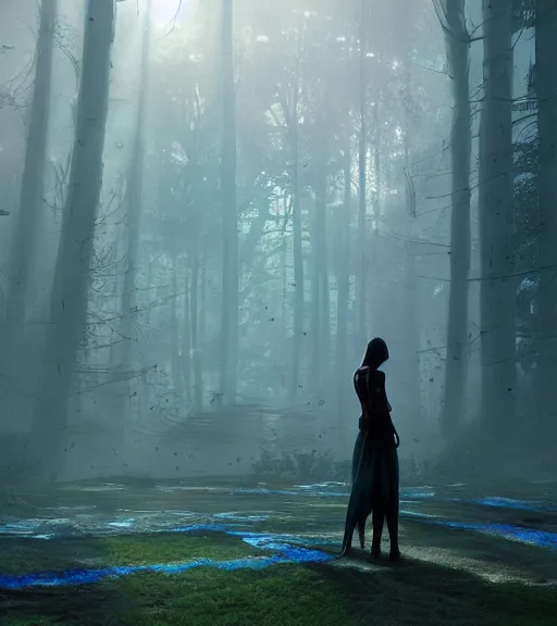 Prompt: daydreaming of the maiden with fuidity transparent dress in the blockchain cyberpunk forest by maciej kuciara, majestic light, octane render, fog, ethereal glare of the sun, rainbow rain, volumetric lighting, hyperealistic, epic, masterpiece