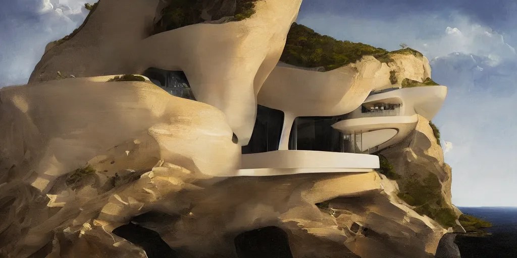 Image similar to beautiful oil matte portrait painting, modern house on top of a cliff designed by zaha hadid, wonderful masterpiece, highly detailed, beautiful cinematic light, deep focus, elegant, digital painting, smooth, sharp focus, golden ratio, dramatic illumination, ultra realistic, 8 k, art by artemisia lomi gentileschi and caravaggio