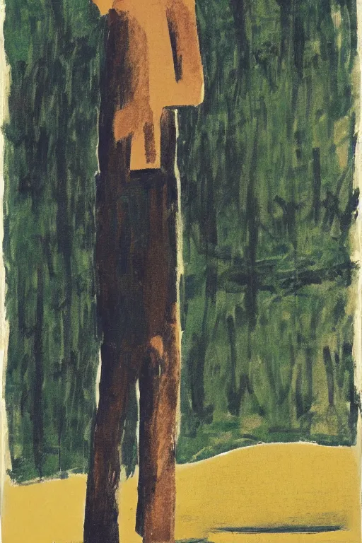 Image similar to man standing by a river, 1960’s minimalist advertising illustration, painterly, expressive brush strokes