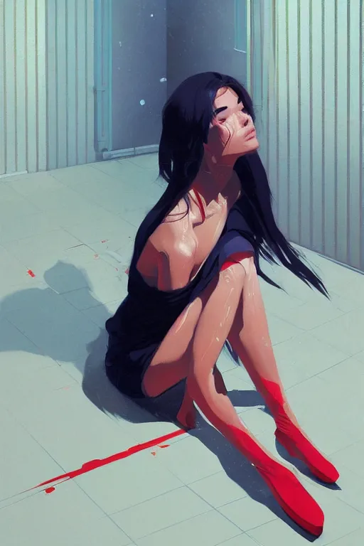 Image similar to a ultradetailed beautiful painting of a stylish woman sitting on the floor of a tiled room, by greg rutkowski, conrad roset, and ilya kuvshinov trending on artstation