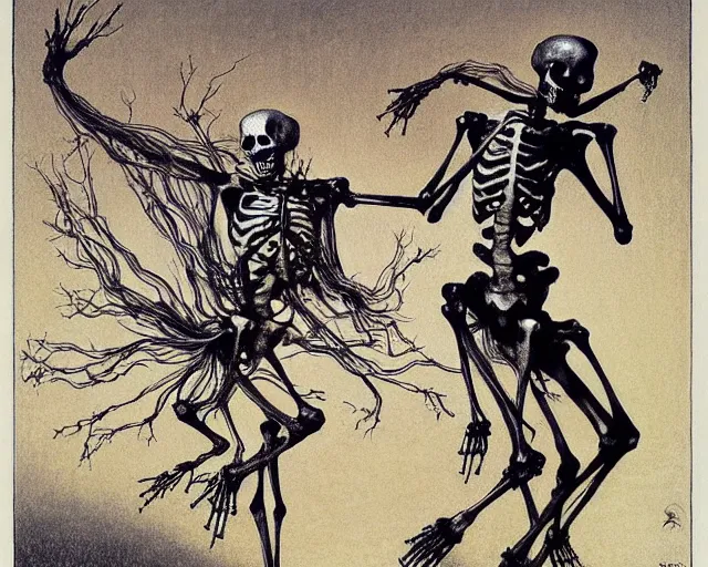 Prompt: eastern european springtime skeleton dancing danse macabre by zdzisław beksinski and gustave dore and alphonse mucha