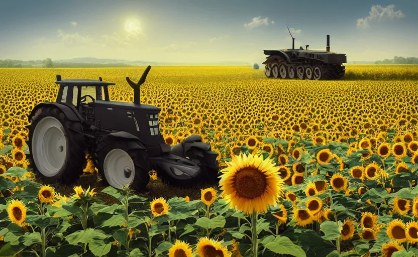Prompt: hyperrealistic matte painting of cute tractor on the sunflower field dragging the russian tank, scaffolding, by filip hodas, beeple, 4 k, trending on cgsociety