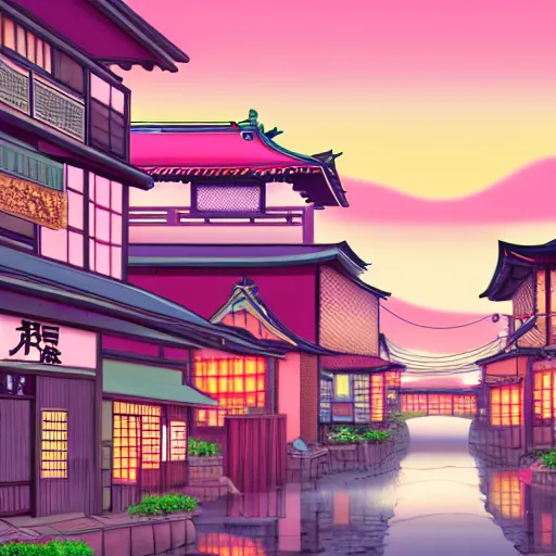 Image similar to A japanese town with pink sky, cozy town, anime wallpaper, Hirohiko Araki, Hirohiko Araki artwork, araki art, 4K